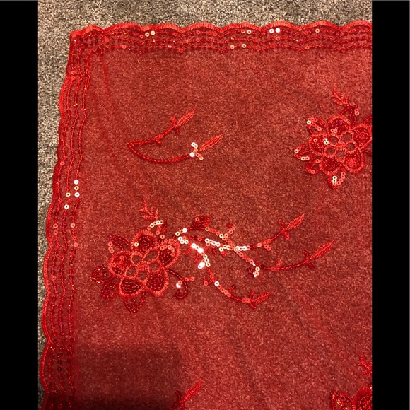 Embroidered Embellished Sequins  Paillettes Scarf Shawl 40,5 x40,5 Chic red mesh - Picture 4 of 12
